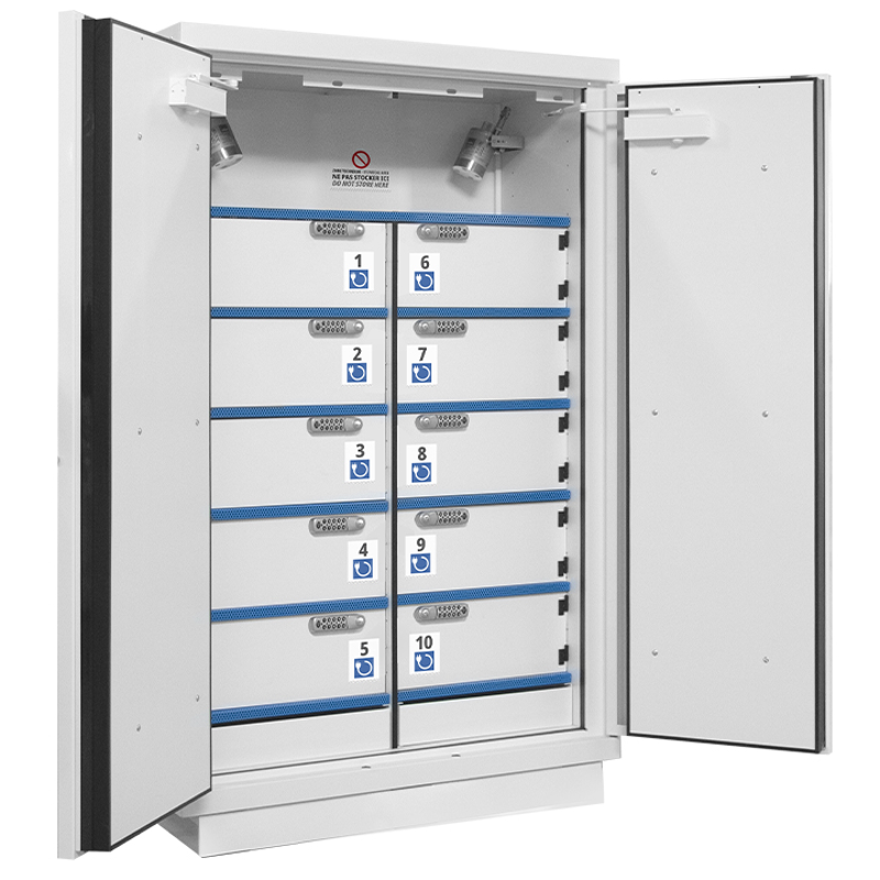 Lithium Battery Safety Cabinet 2 Doors, 10 Compartments, Digital Code Lock – Fire Resistance 90 Min, 1950x1137x620 mm